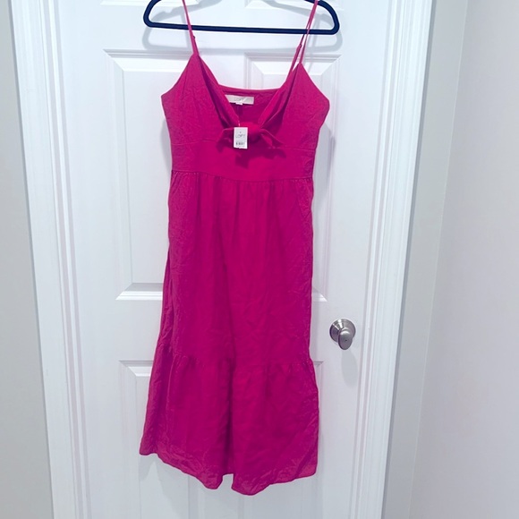 NWT LOFT Beach Tie Front Bow Strappy Linen Blend Midi Dress Hot Pink vacation - Picture 6 of 11